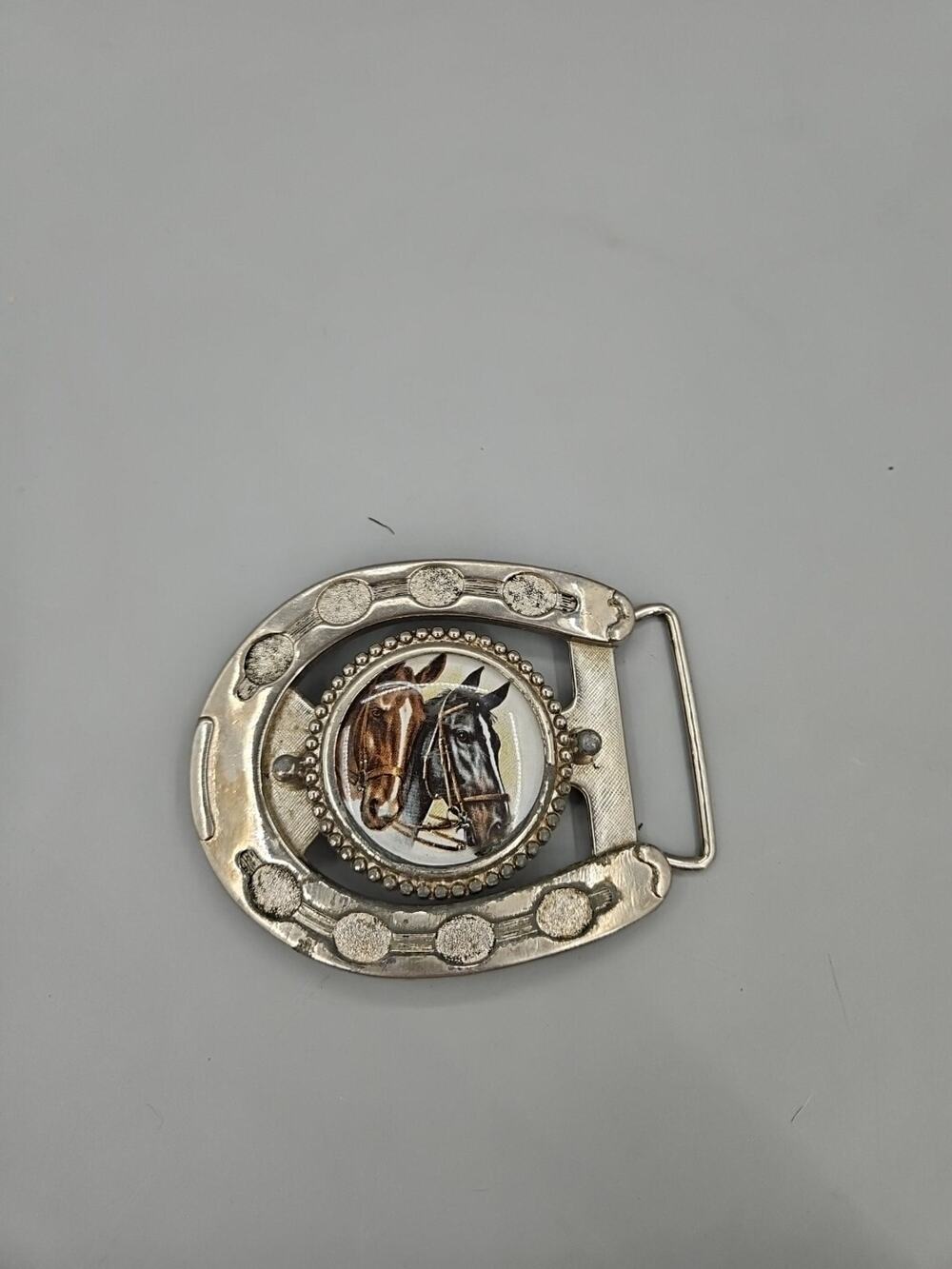 1970s Western Porcelain Horse Head Horseshoe Belt Buckle